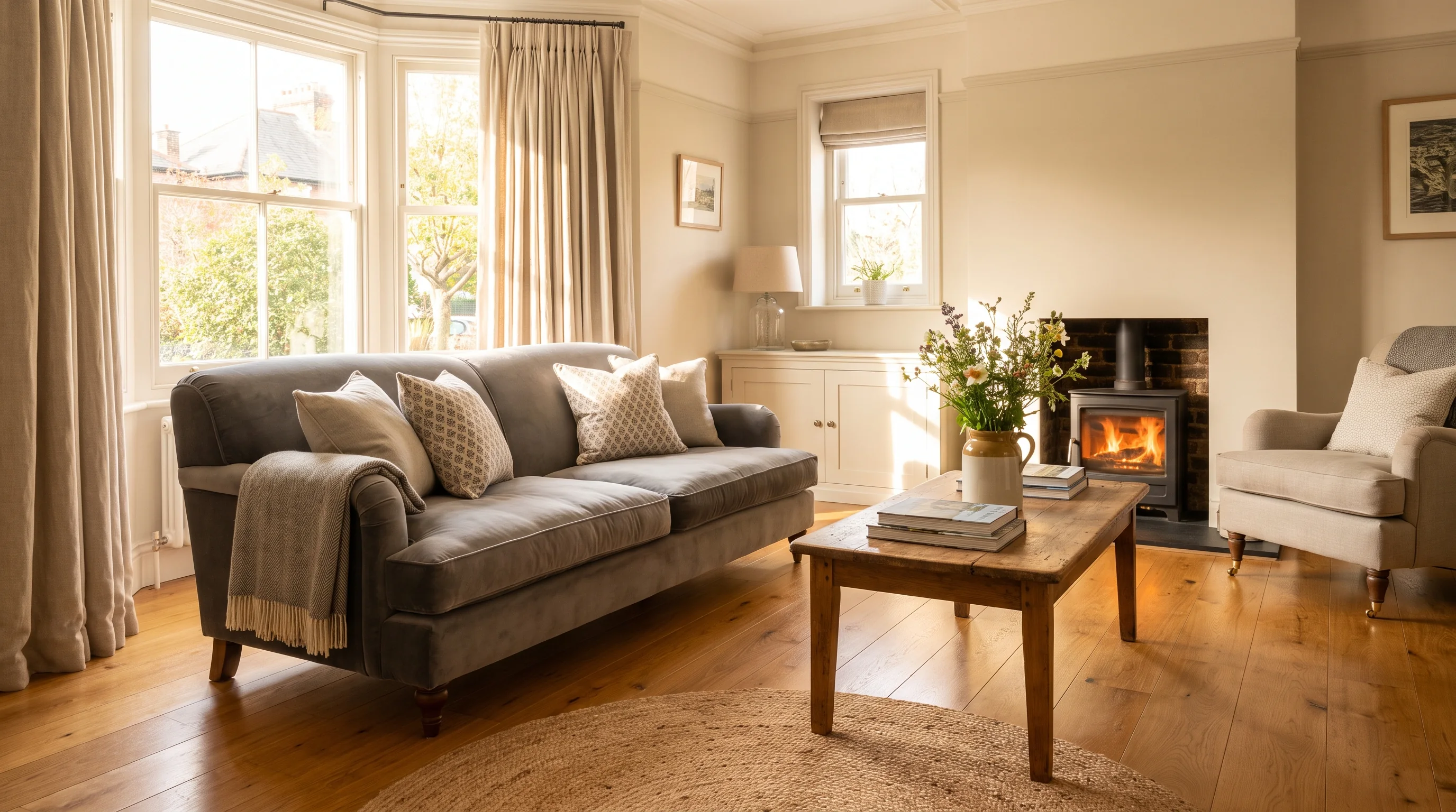 Freshly cleaned living room in a Stenson Fields home with sunlight through the window